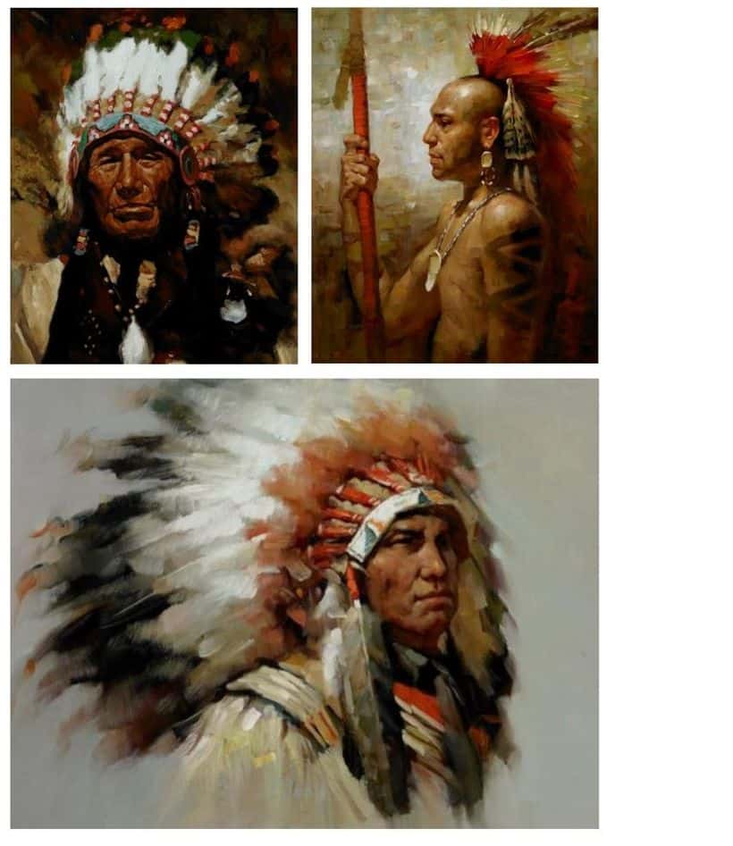 Abstract Native American Indian Feathered Portrait Printed on Canvas