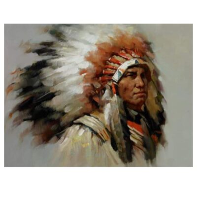 Alternative view of Abstract Native American Indian Feathered Portrait Canvas Painting