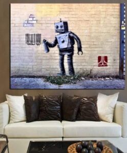 Robot and Barcode Abstract Street Graffiti from Banksy Printed on Canvas