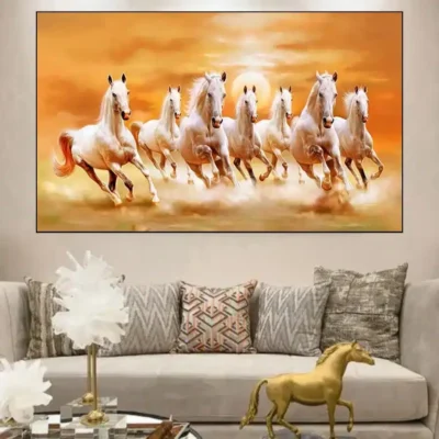 Seven Running White Horses Artistic Painting Printed on Canvas