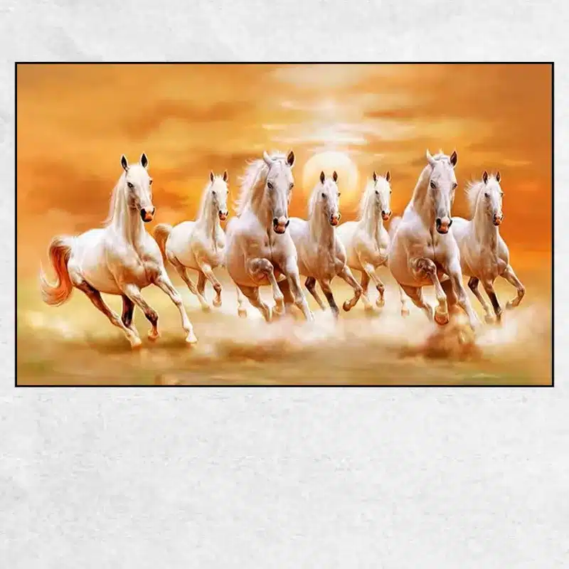 Seven Running White Horses Artistic Painting Printed on Canvas