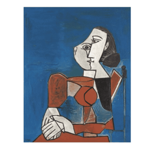 Woman Sitting in Red Suit on Blue Background 1932