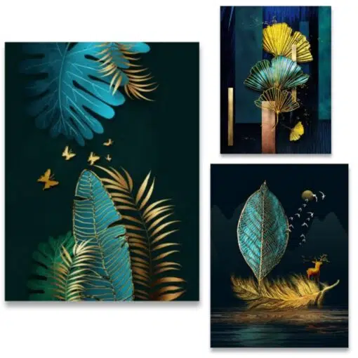 Blue Green and Gold Leaves Abstract Paintings