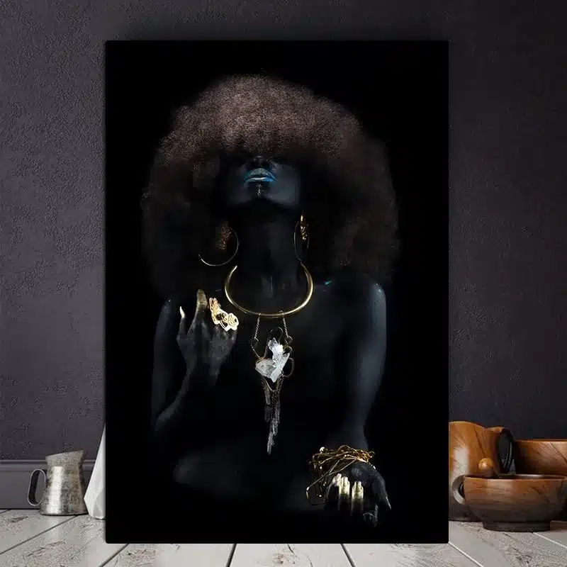 Fluffy Hair Black Woman With Golden Finger Artwork Printed on Canvas