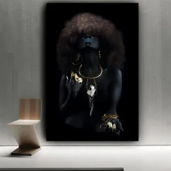 Fluffy Hair Black Woman With Golden Finger Artwork Printed on Canvas