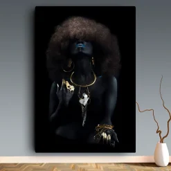 Fluffy Hair Black Woman With Golden Finger Artwork Printed on Canvas