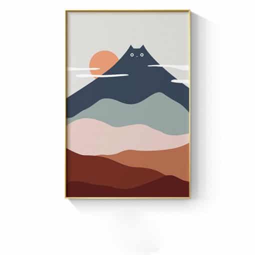 Nordic Abstract Creativity Mountain Landscape Canvas Painting Cat Theme Art Prints and Poster Wall Picture for Living Room Decor