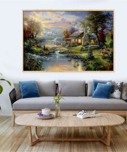 Farmhouse Landscape By Thomas Kinkade Oil Painting Canvas Nature Posters and Prints Wall Art Pictures for Living Room Home Decor