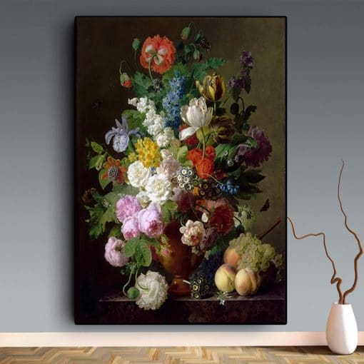 Vase of Flowers Grapes and Peaches by Jan Frans van Dael Printed on Canvas