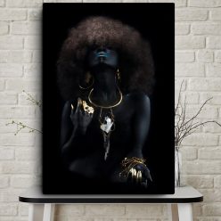 Modern Fluffy Hair African Black Women Golden Finger Oil Painting on Canvas Art Wall Posters and Prints for Living Room Decor