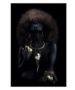 Modern Fluffy Hair African Black Women Golden Finger Oil Painting on Canvas Art Wall Posters and Prints for Living Room Decor