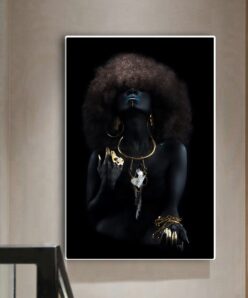 Modern Fluffy Hair African Black Women Golden Finger Oil Painting on Canvas Art Wall Posters and Prints for Living Room Decor