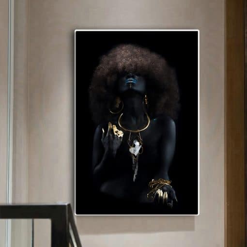 Modern Fluffy Hair African Black Women Golden Finger Oil Painting on Canvas Art Wall Posters and Prints for Living Room Decor