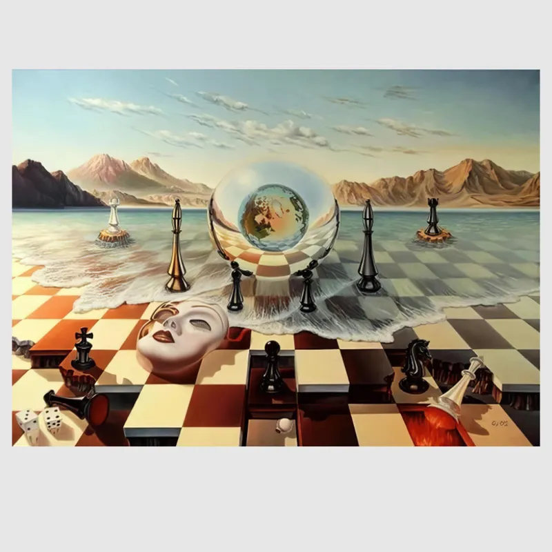 Chess Mask On Sea Surrealism Painting Inspired by Dali Printed on Canvas
