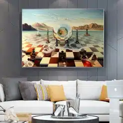 Chess Mask On Sea Surrealism Painting Inspired by Dalí Printed on Canvas - Image 3