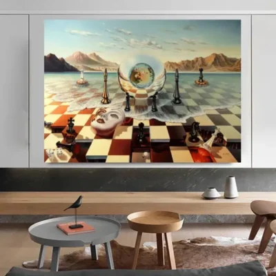 Chess Mask On Sea Surrealism Painting Inspired by Dali Printed on Canvas