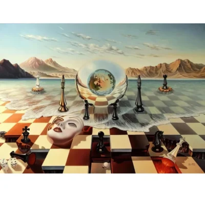Chess Mask On Sea Surrealism Painting Inspired by Dalí Printed on Canvas - Image 2
