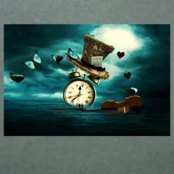 Clock Violin Butterfly Hat Surrealism Painting