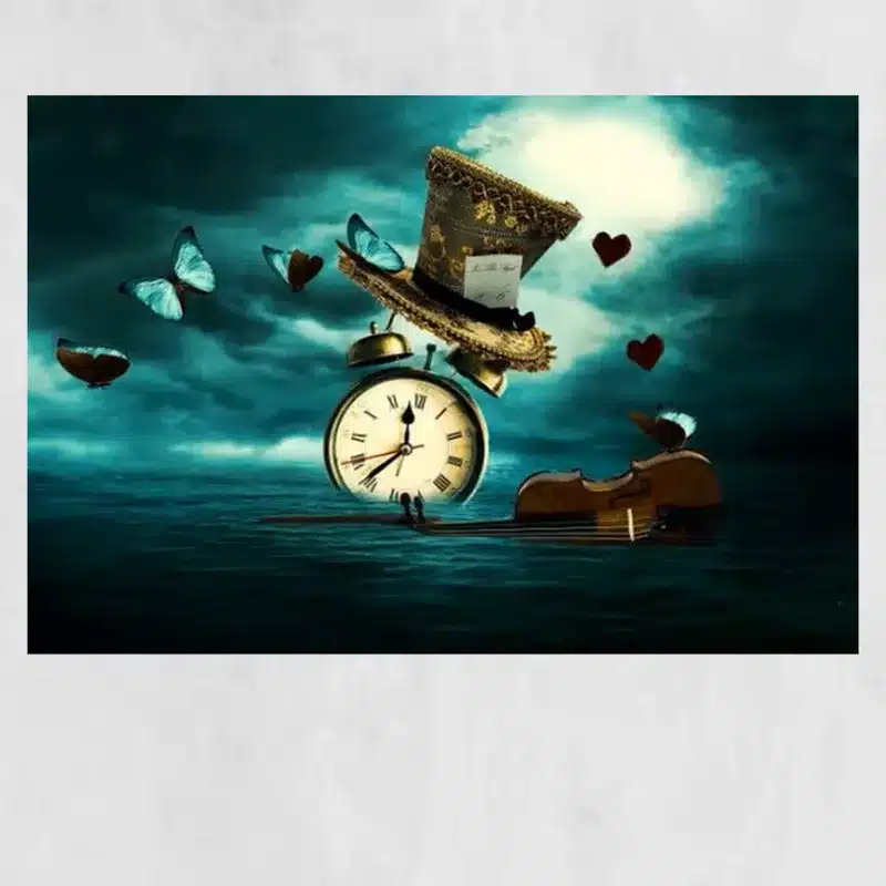 Clock Violin Butterfly Hat Surrealism Painting Printed on Canvas