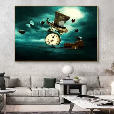 Clock Violin Butterfly Hat Surrealism Painting Printed on Canvas