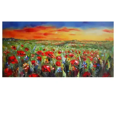 Wild Flowers Poppies Landscape Oil Painting Printed on Canvas - Image 2