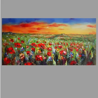 Wild Flowers Poppies Landscape Oil Painting Printed on Canvas - Image 3