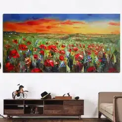Wild Flowers Poppies Landscape Oil Painting Printed on Canvas