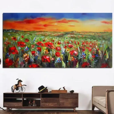 Wild Flowers Poppies Landscape Oil Painting Printed on Canvas