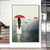 Woman With Umbrella In The Rain Painting Printed on Canvas