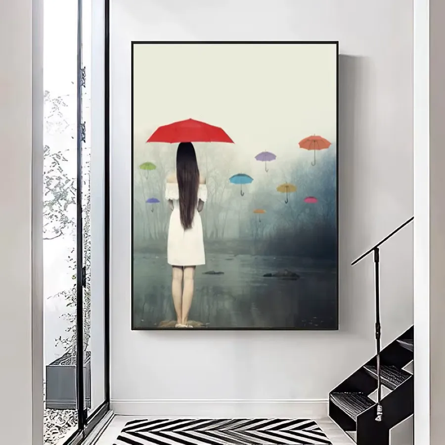 Woman With Umbrella In The Rain Painting Printed on Canvas
