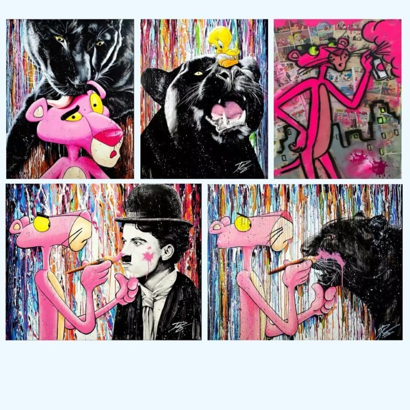 Pink Panther Graffiti Paintings by Julien Durix Printed on Canvas