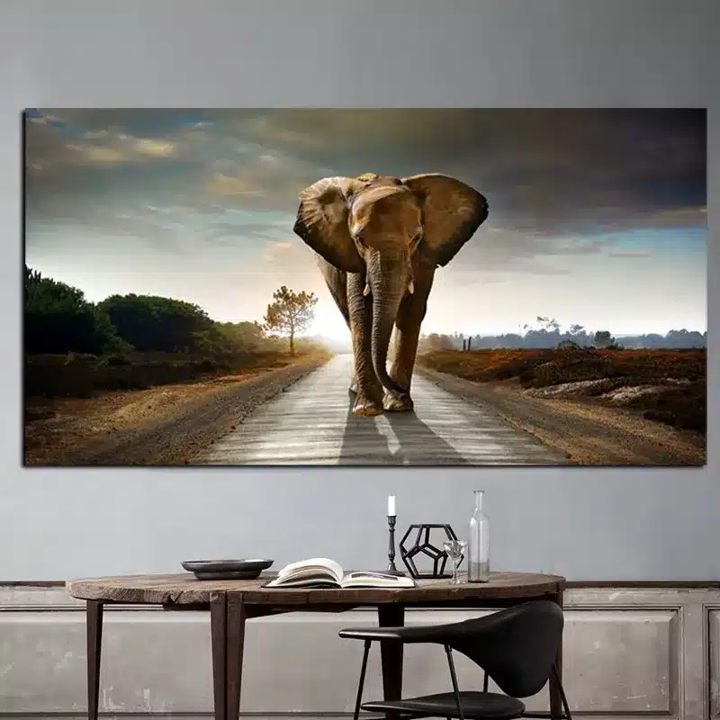 African Elephant Landscape Oil Painting Printed on Canvas