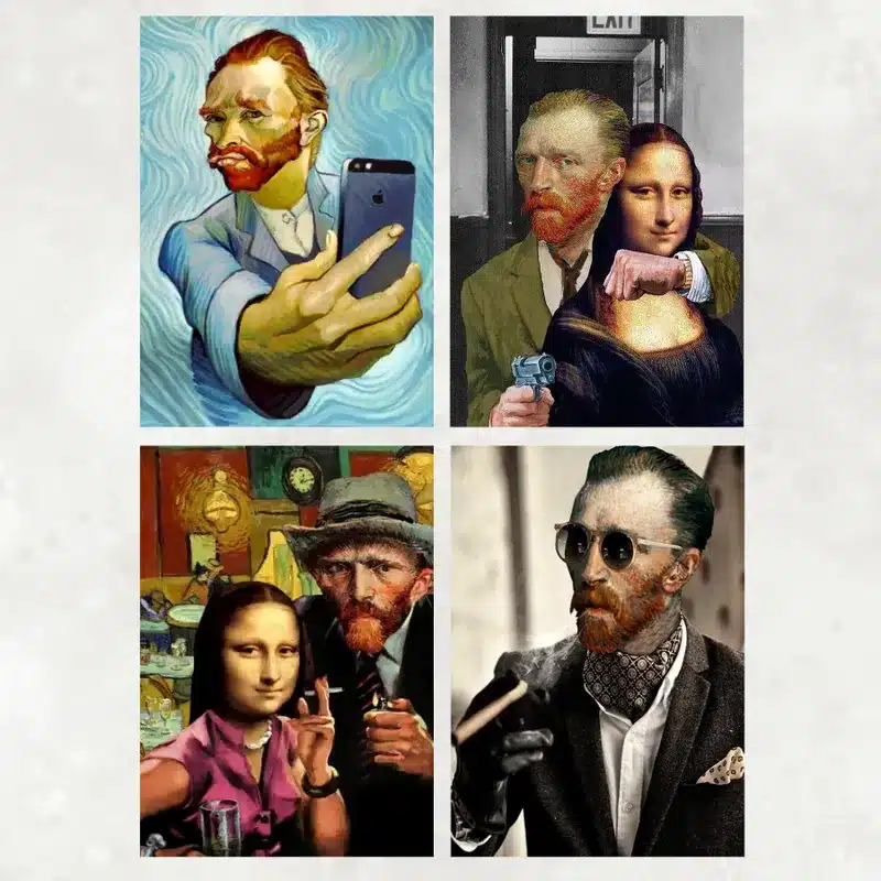Funny Characters with Van Gogh Artwork Printed on Canvas