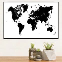 Black and White World Map Printed on Canvas