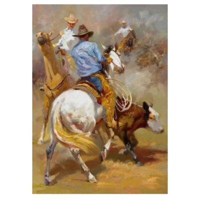 Oil Paintings Cowboys Herding the Cows Printed on Canvas - Image 2