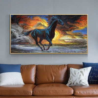 Running Black Horses Abstract Oil Painting Printed on Canvas