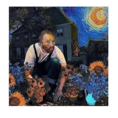 Art Van Gogh with Sunflowers and Blue Starry Sky
