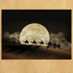 Moon Night and Camels in Desert