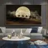 Moon Night and Camels in Desert Printed on Canvas 1