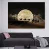 Moon Night and Camels in Desert Printed on Canvas