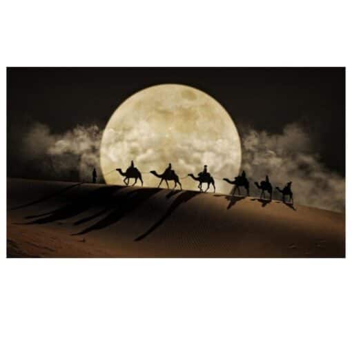 Moon Night and Camels in Desert Printed on Canvas