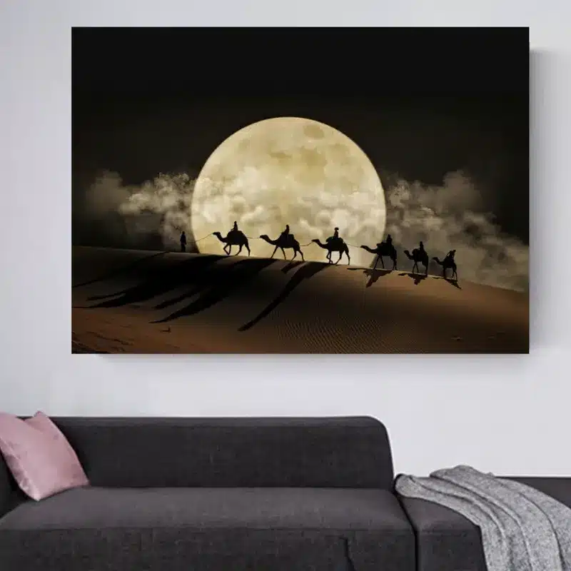 Moon Night and Camels in Desert Printed on Canvas