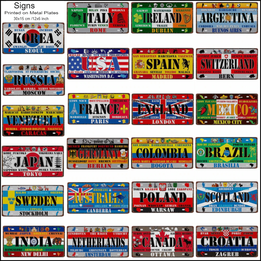 Nations Signs Printed on Metal Plates 30x15cm