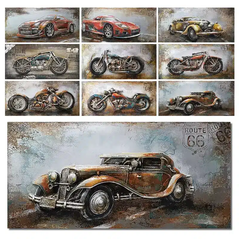 Cars and Motorcycle Paintings Printed on Canvas