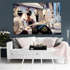 Couple at Restaurant Painting Printed on Canvas