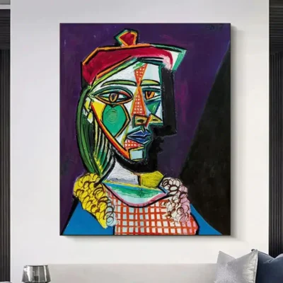Woman in Beret and Checked Dress by Pablo Picasso Printed on Canvas