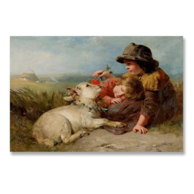 James John Hill Children Playing With Lamb