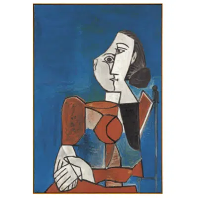 Pablo Picasso 1932 Woman Sitting in Red Suit on Blue Background