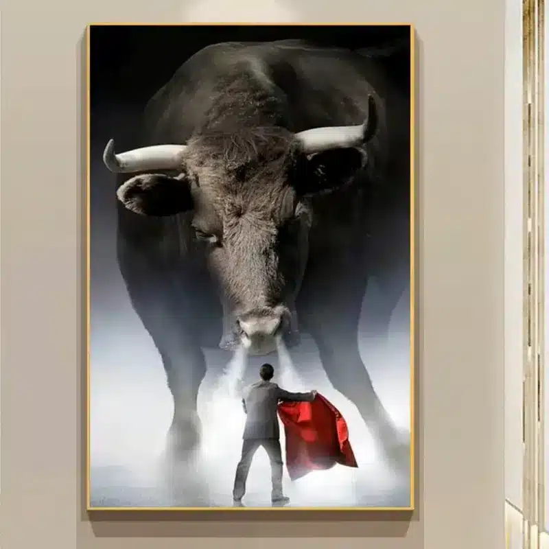 Bull and Small Man Artwork Printed on Canvas