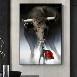 Bull and Small Man Artwork Printed on Canvas